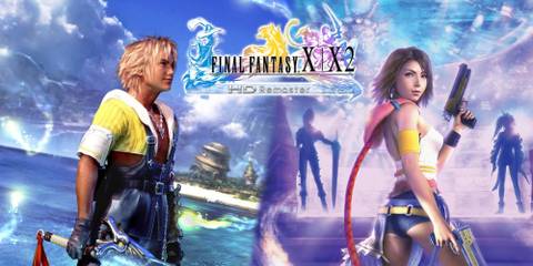 Tidus and Yuna in ethereal locations on the cover of each game