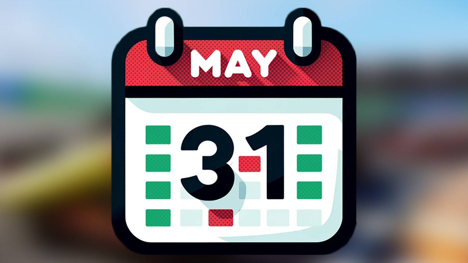 Flat calendar icon showing May 31 date on blurred F1 23 Steam promo screenshot