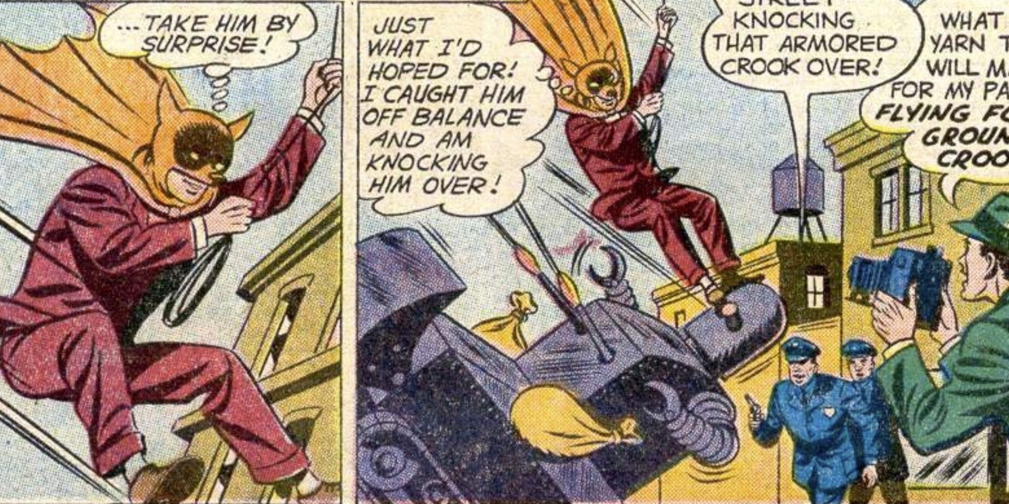 Bruce Wayne as Flying fox thwarting a one-man tank