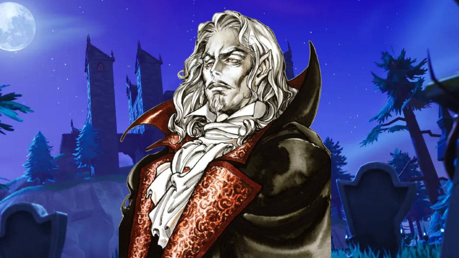 Dracula in front of the Haunted Castle from Fortnite