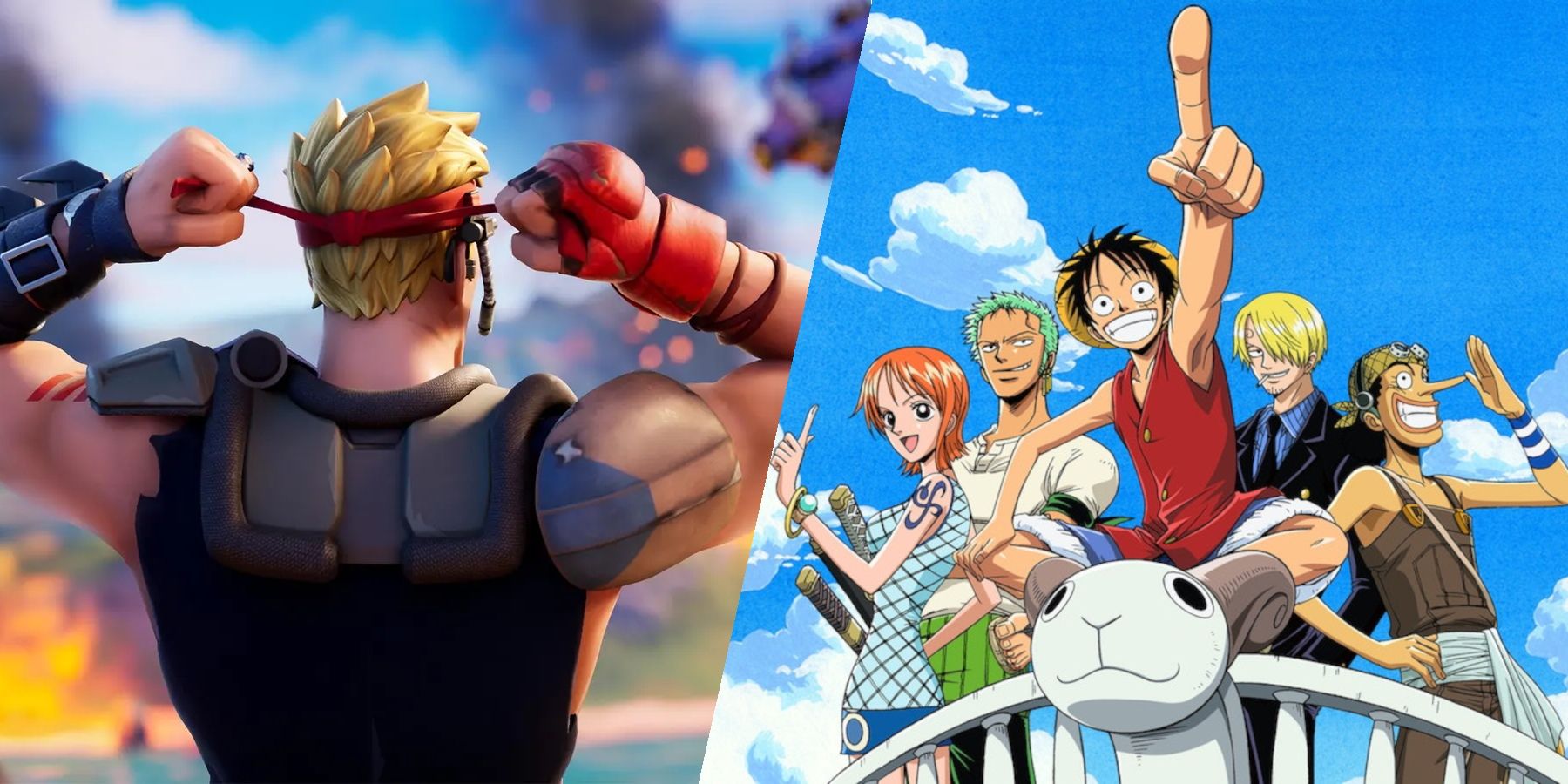 A side-by-side image of promotional art for Epic Games' Fortnite and Toei's One Piece.