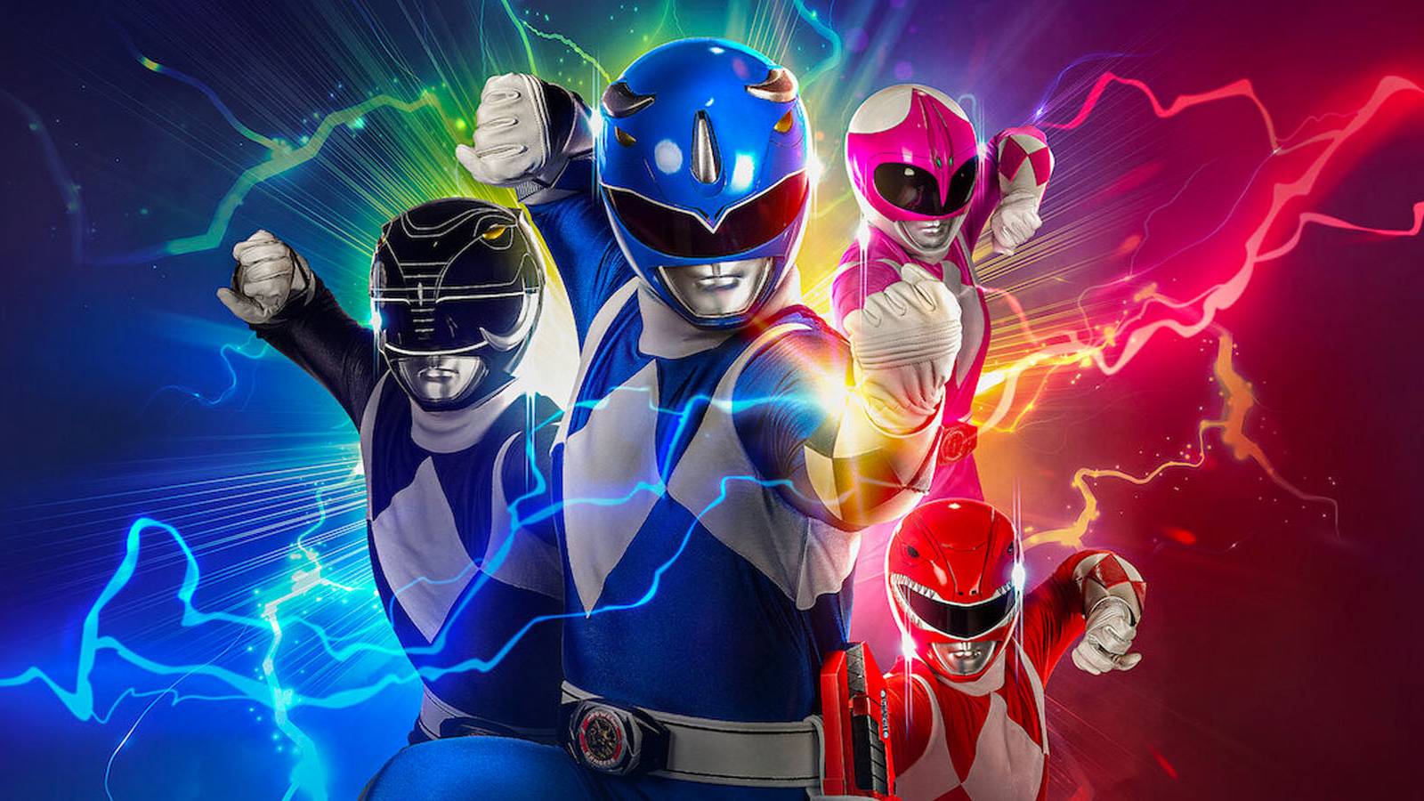 A promotional shot of the original Red, Blue, Pink, and Black Rangers from Mighty Morphin Power Rangers: Once and Always.