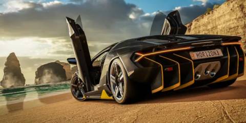 Forza Horizon 3 black car parked on a beach