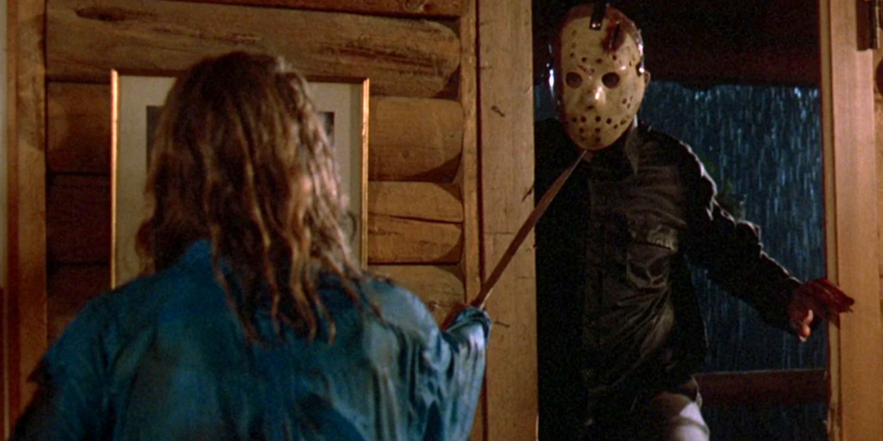 A counselor and Jason Voorhees in a cabin in Friday The 13th: The Final Chapter