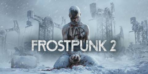 Frostpunk 2 key art with logo and man with the word liar on chest