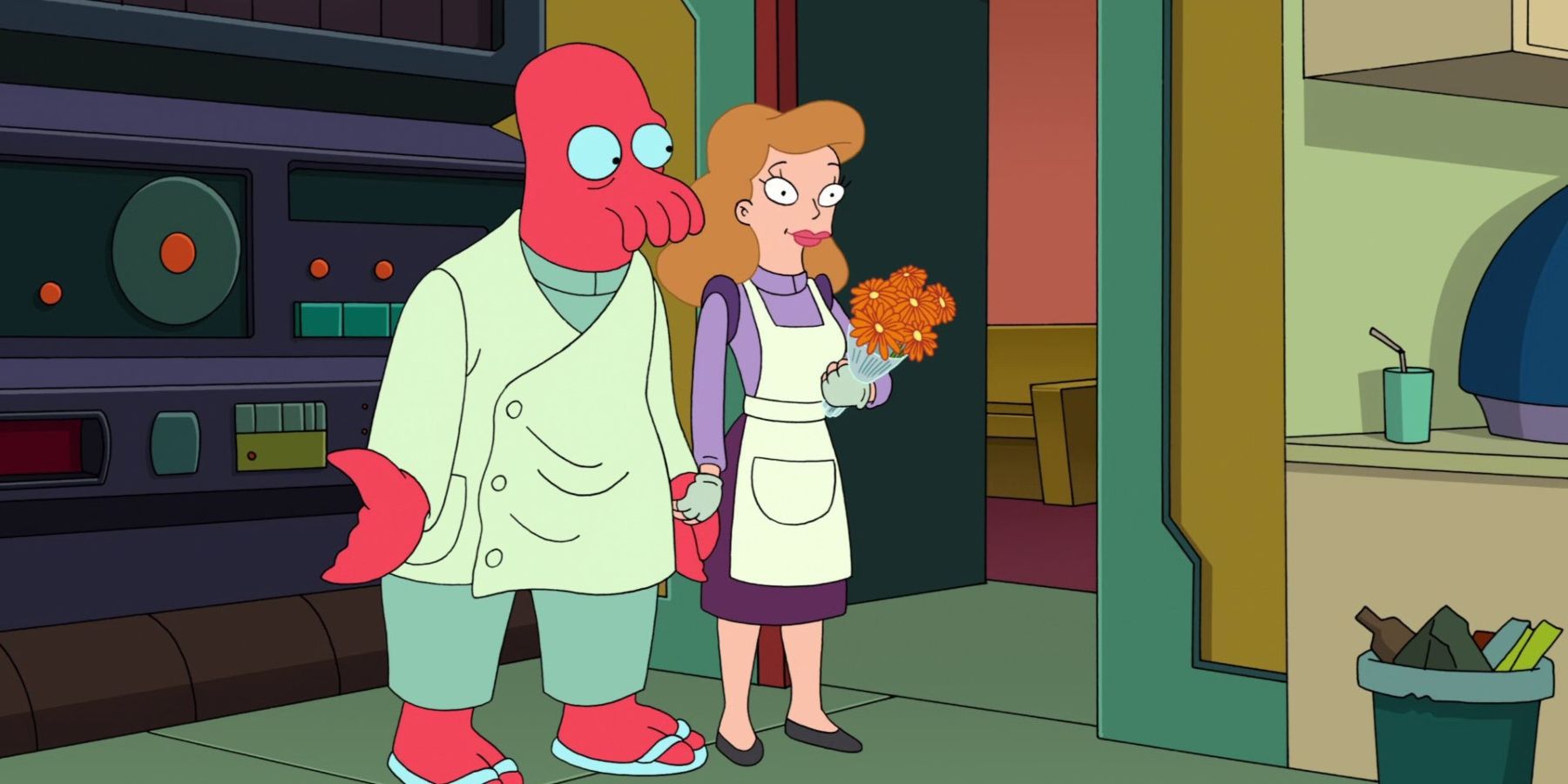 Zoidberg and Marianne holding flowers in Futurama