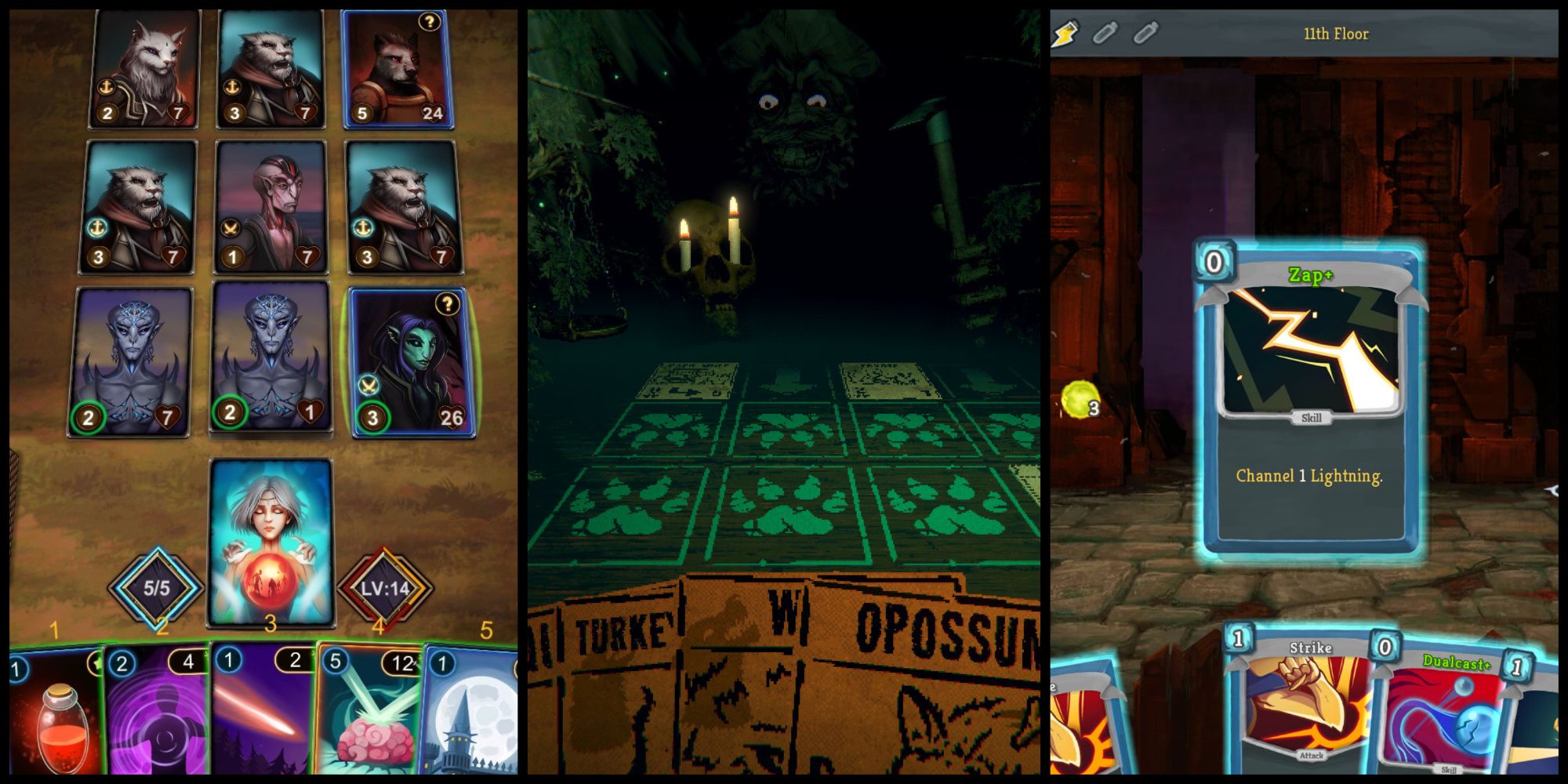 Screenshots from Dark Mist, Inscryption, and Slay the Spire