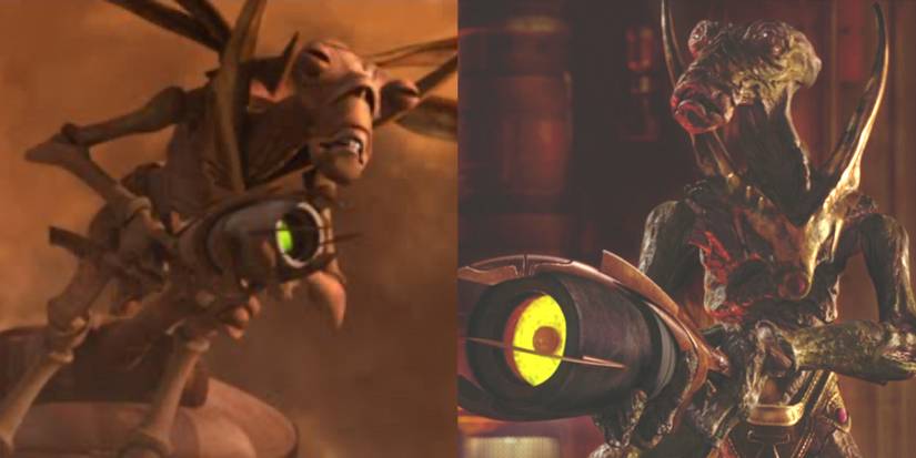 split image of a geonosian holding a Sonic blaster