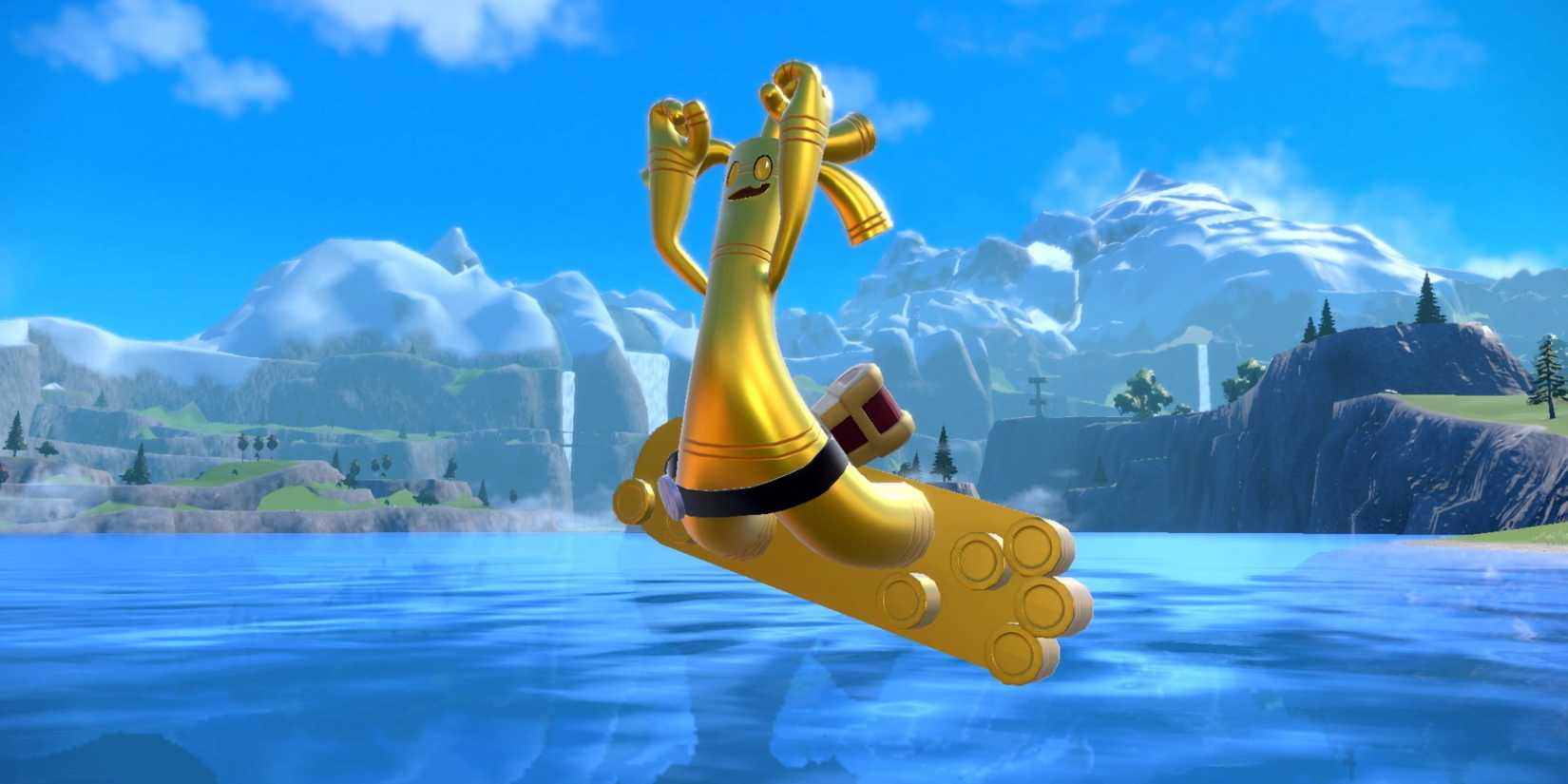 Pokemon Scarlet & Violet Gholdengo surfing over a lake