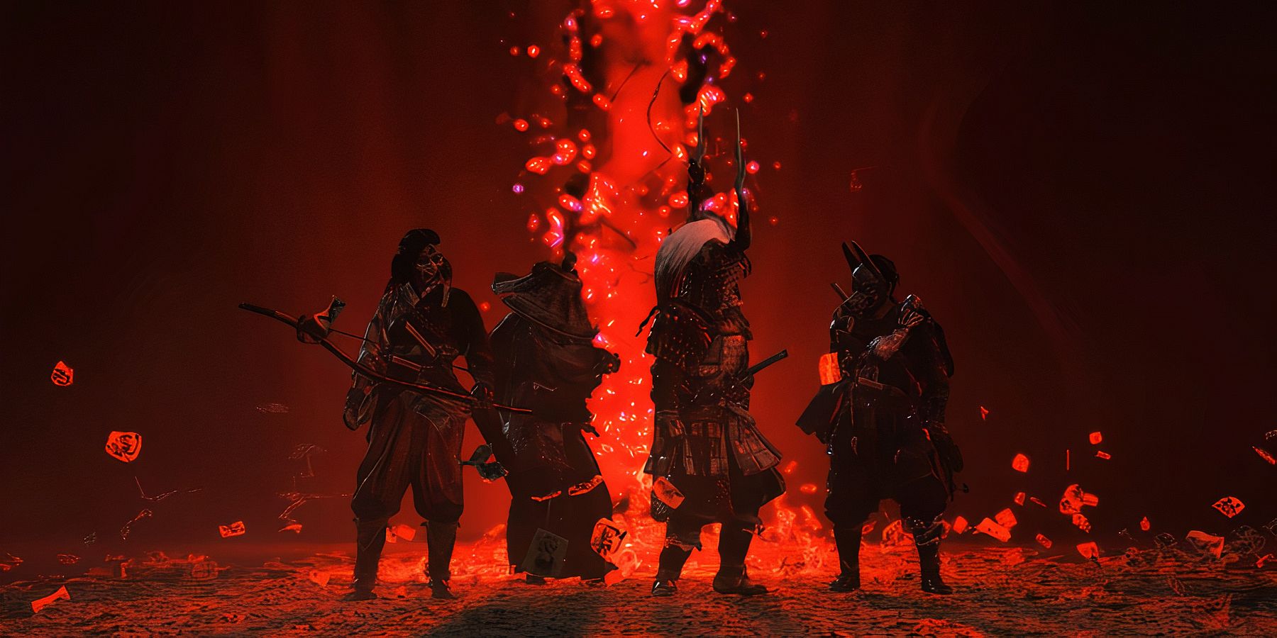 Ghost of Tsushima Legends all four classes against a red background