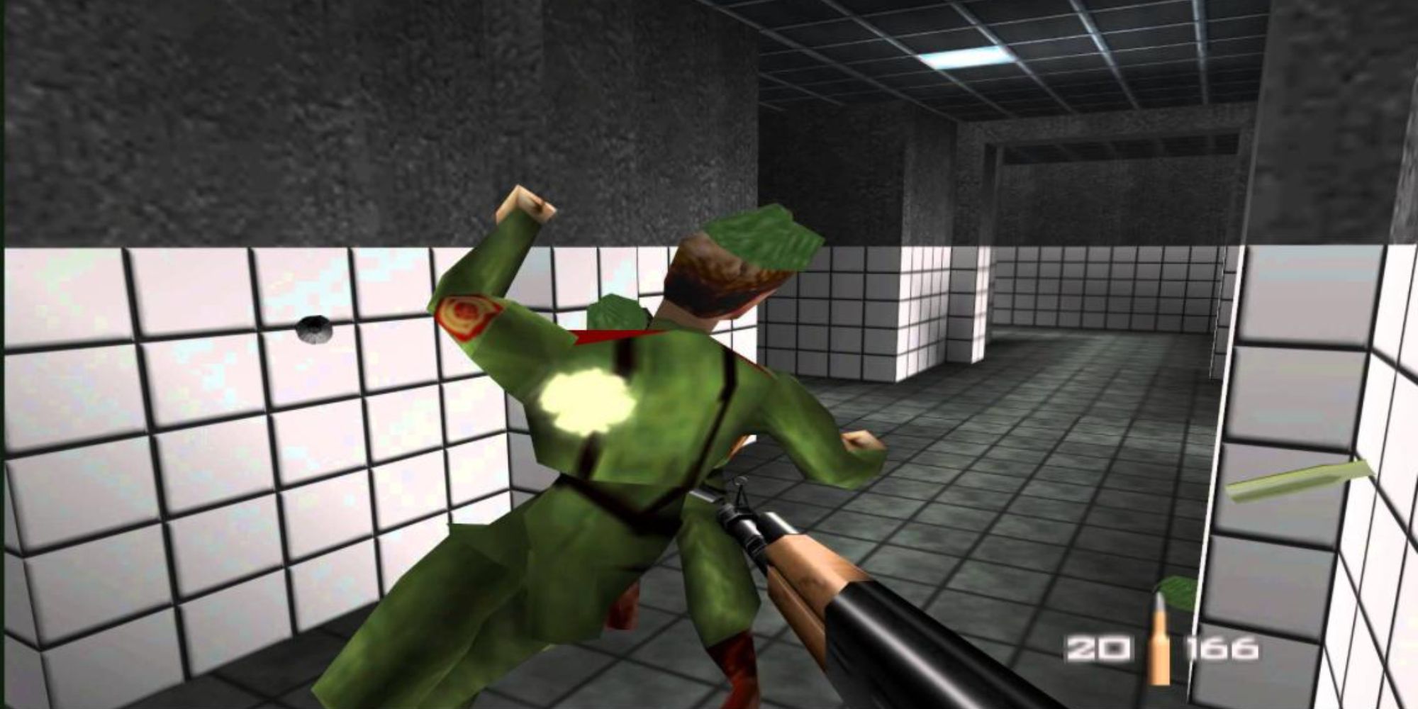 A player shooting at a guard in GoldenEye 007