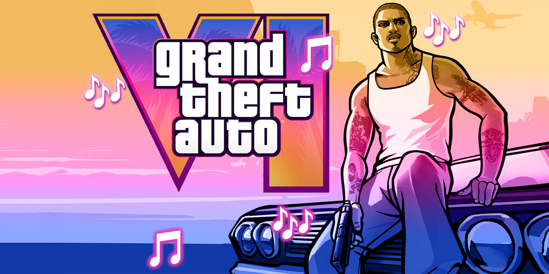 Grand Theft Auto 6 logo over San Andreas Cesar Vialpando artwork with music notes