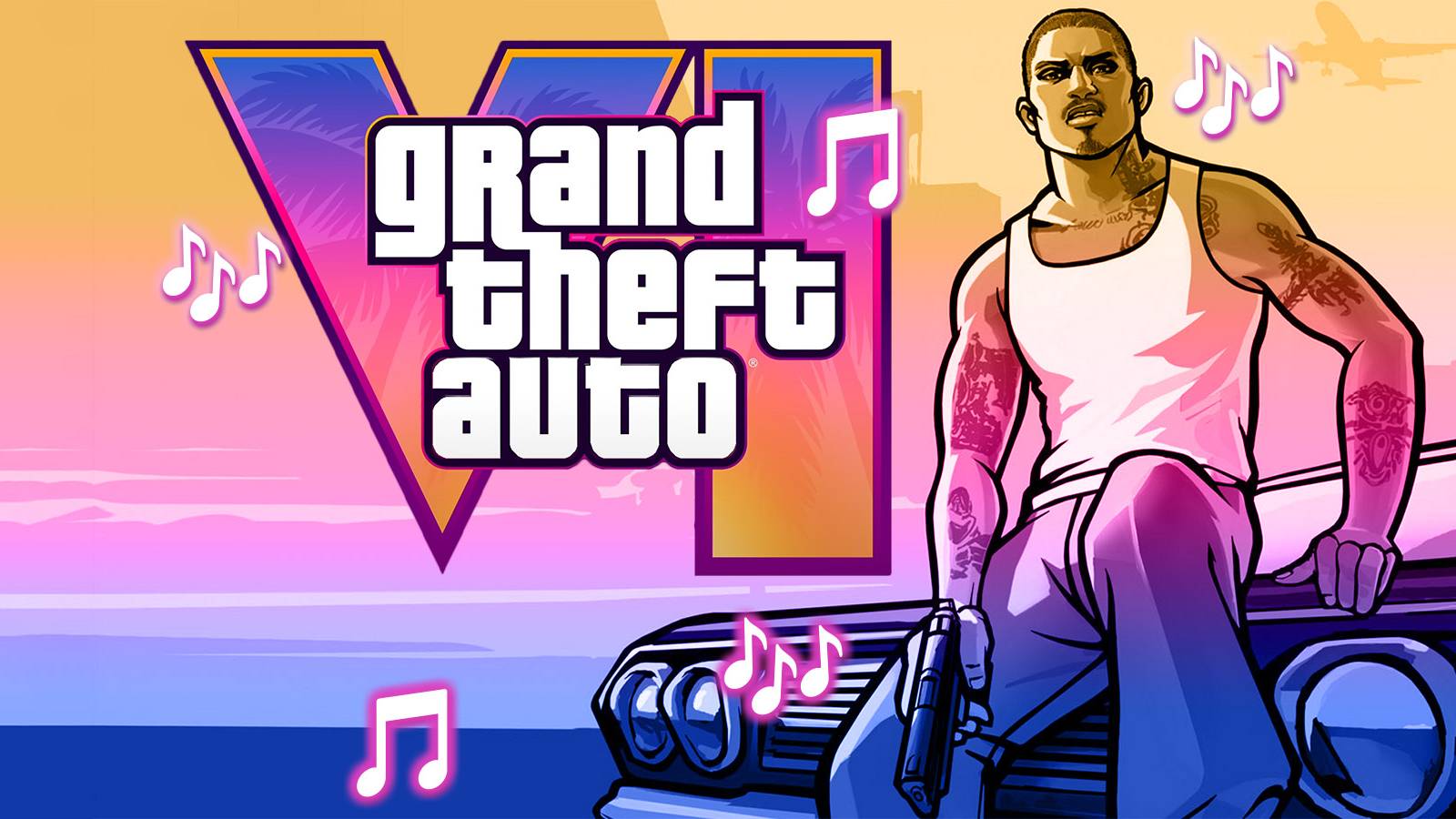 Grand Theft Auto 6 logo over San Andreas Cesar Vialpando artwork with music notes