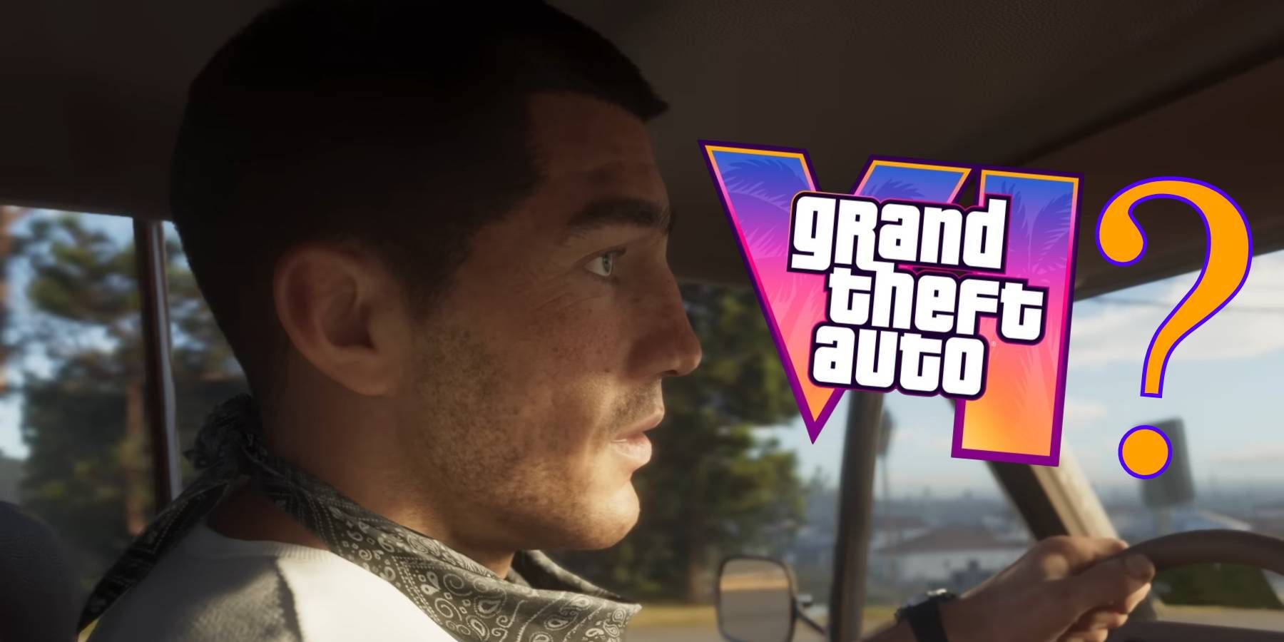 Grand Theft Auto 6's male protagonist from the trailer with the game's logo and a question mark