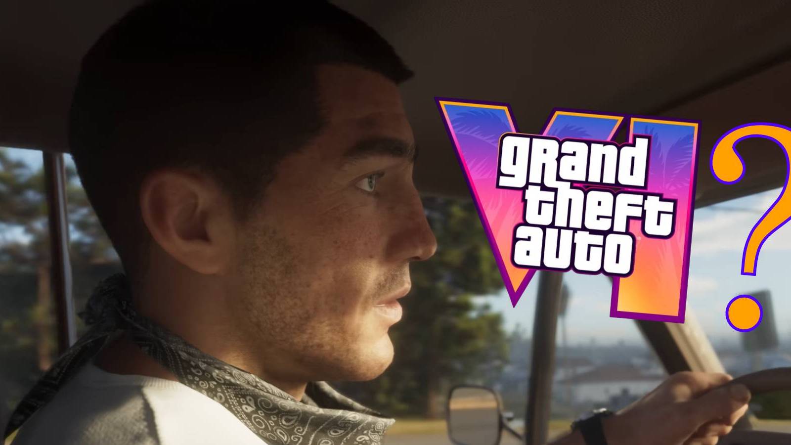 Grand Theft Auto 6's male protagonist from the trailer with the game's logo and a question mark
