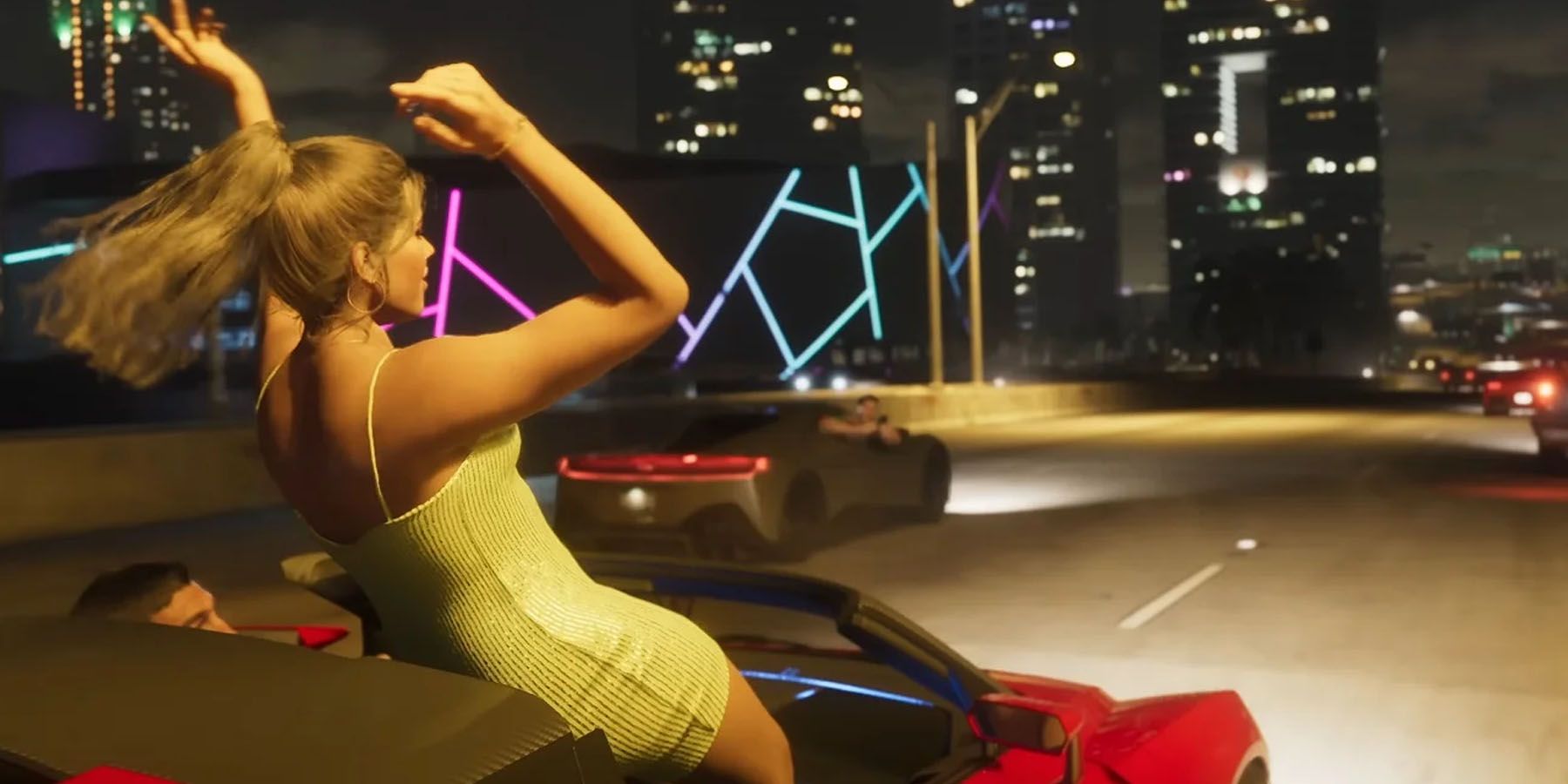 A screenshot of a young woman riding in a car at night in Grand Theft Auto 6.