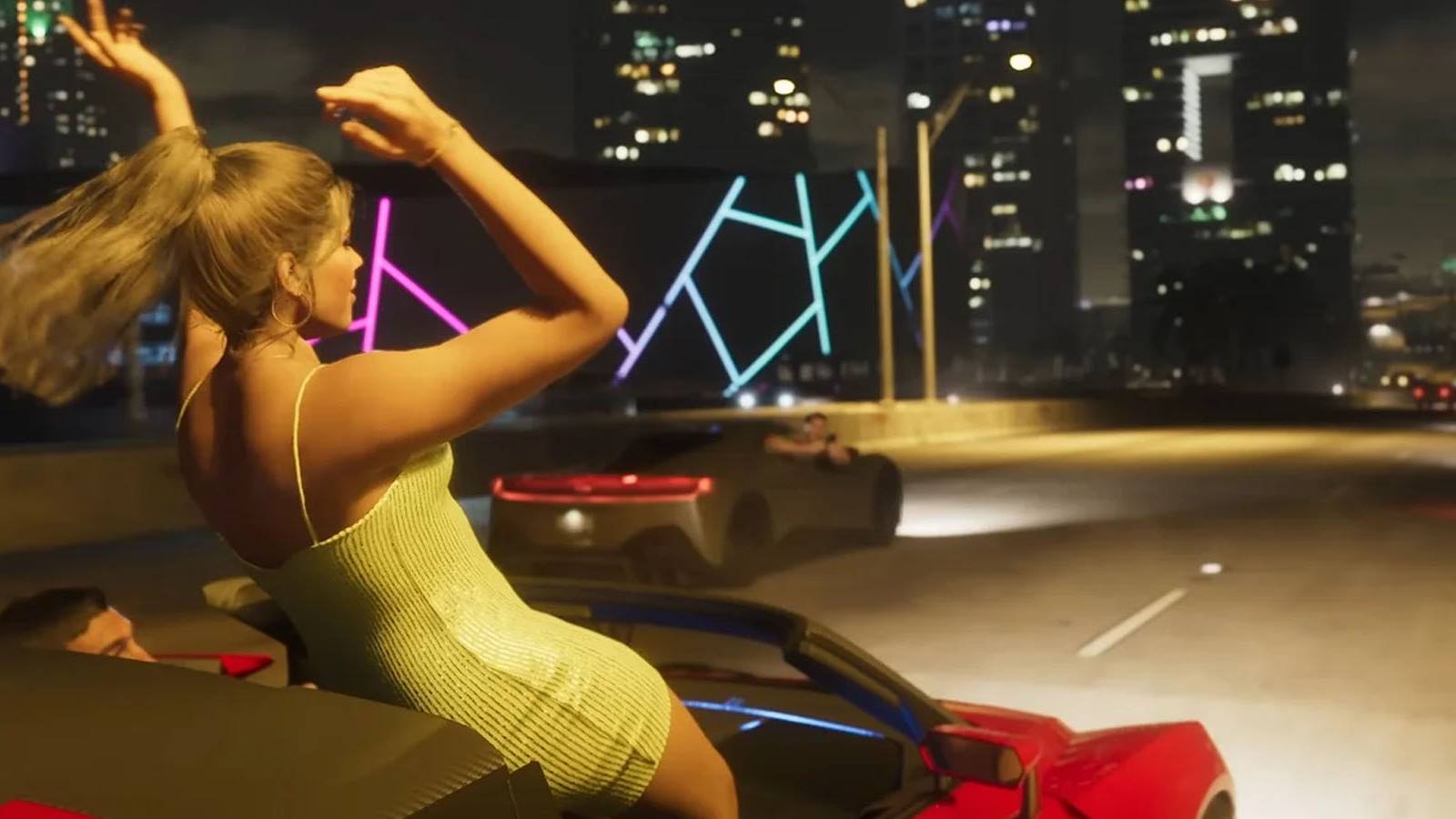 A screenshot of a young woman riding in a car at night in Grand Theft Auto 6.