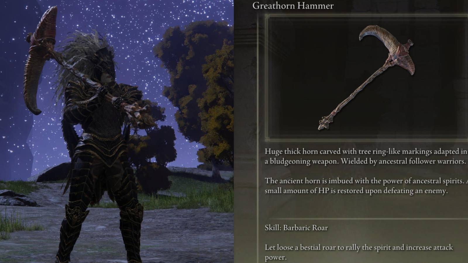 Split image showing Greathorn Hammer in Elden Ring