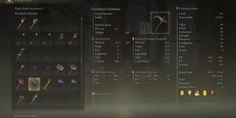 Greathorn Hammer Stat Page in Elden Ring