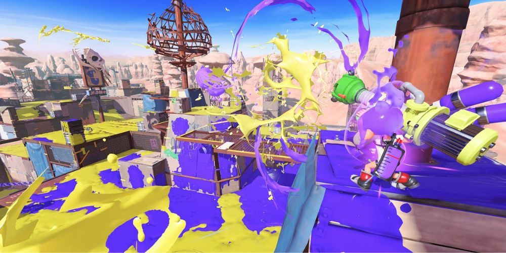 Groups of Inklings facing each other in a match of Splatoon 3.