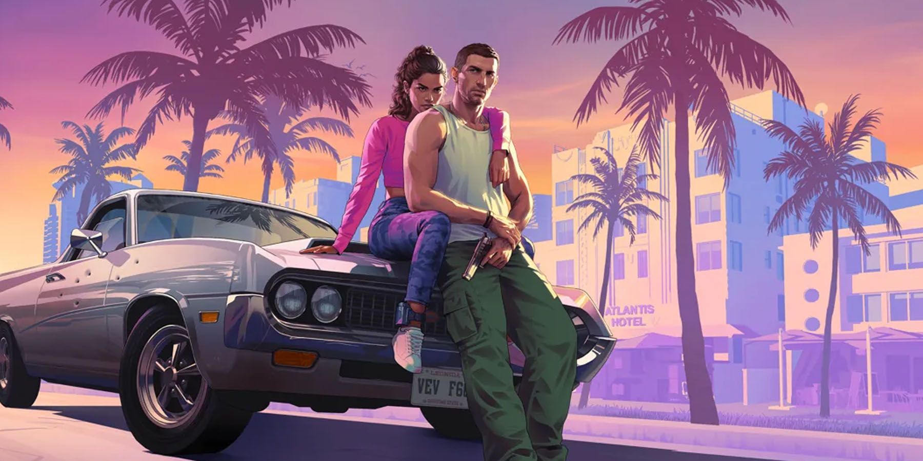 A promotional image of Lucia and Jason sitting on a car in Grand Theft Auto 6.