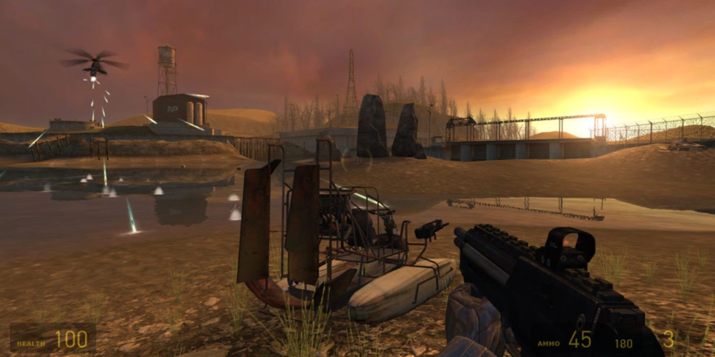 Half Life 2 helicopter shooting at the player holding gun in a flooded industrial area