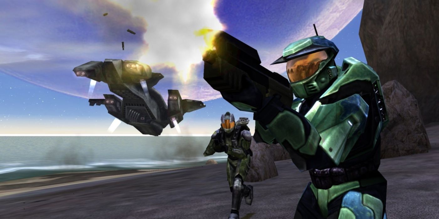 Halo Combat Evolved Master Chief shooting on a beach