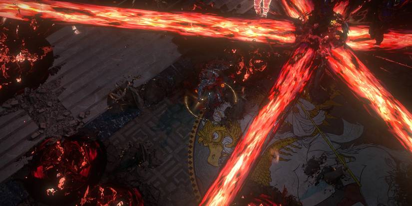 Character in armor surrounded by fire