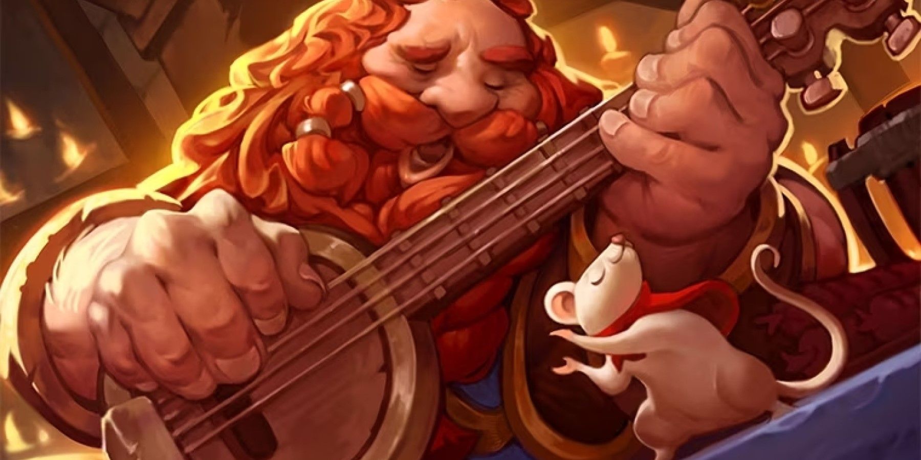 a red haired dwarf playing on a banjo with a white rat clapping in front of him