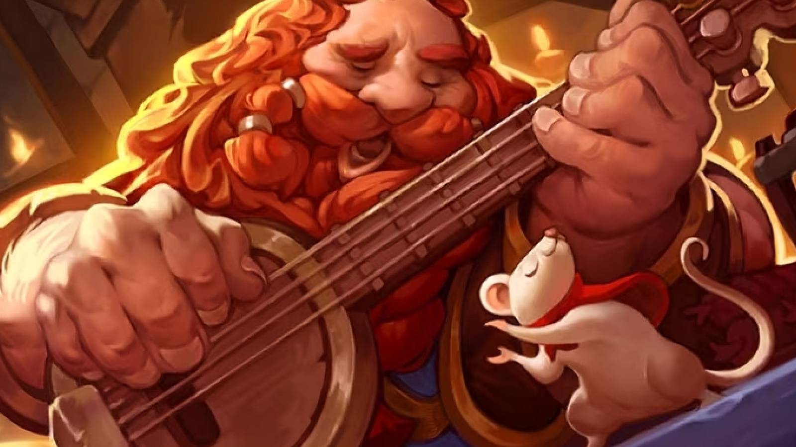 a red haired dwarf playing on a banjo with a white rat clapping in front of him