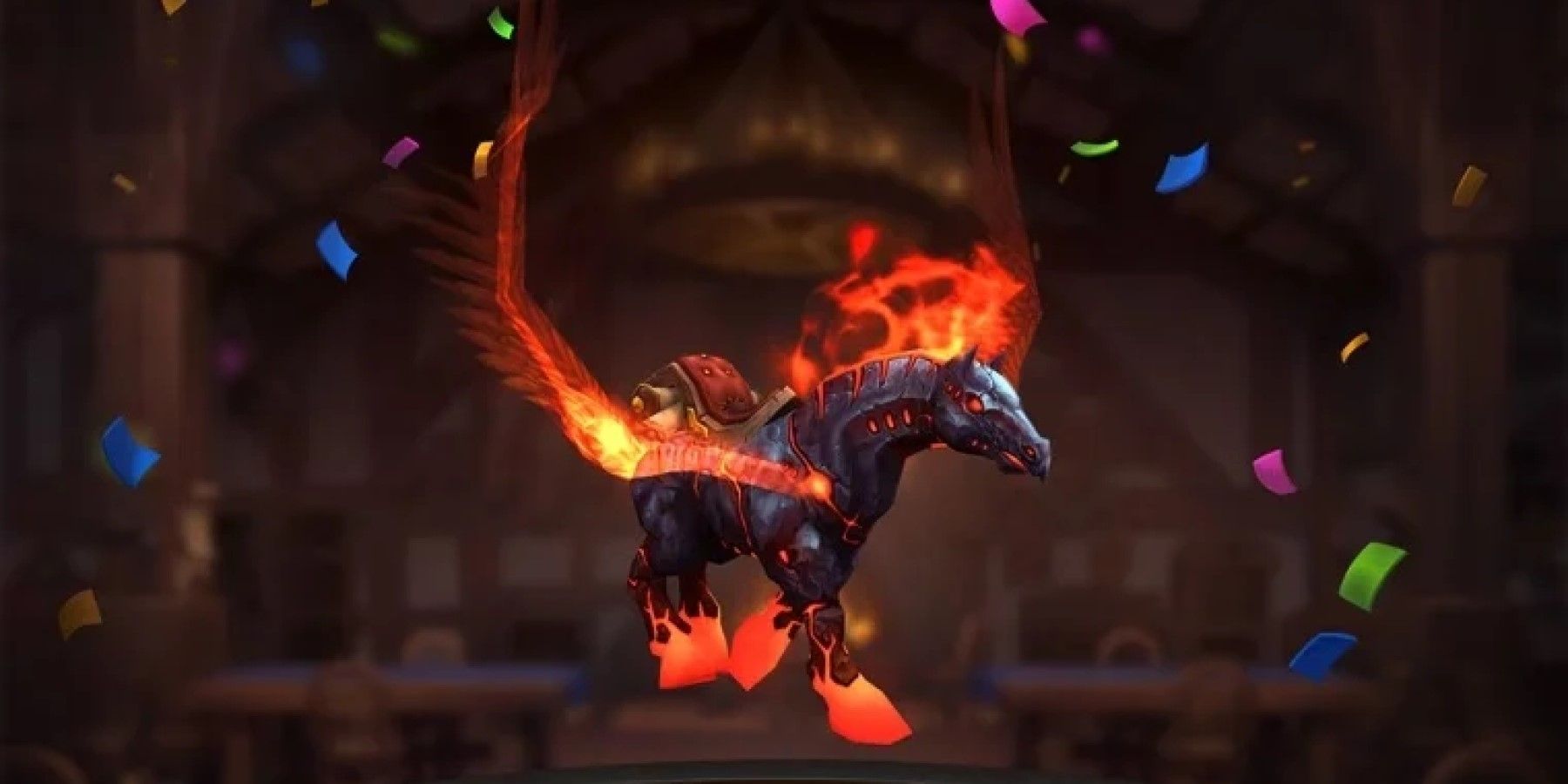 a fiery pegasus with metal skin with confetti around it