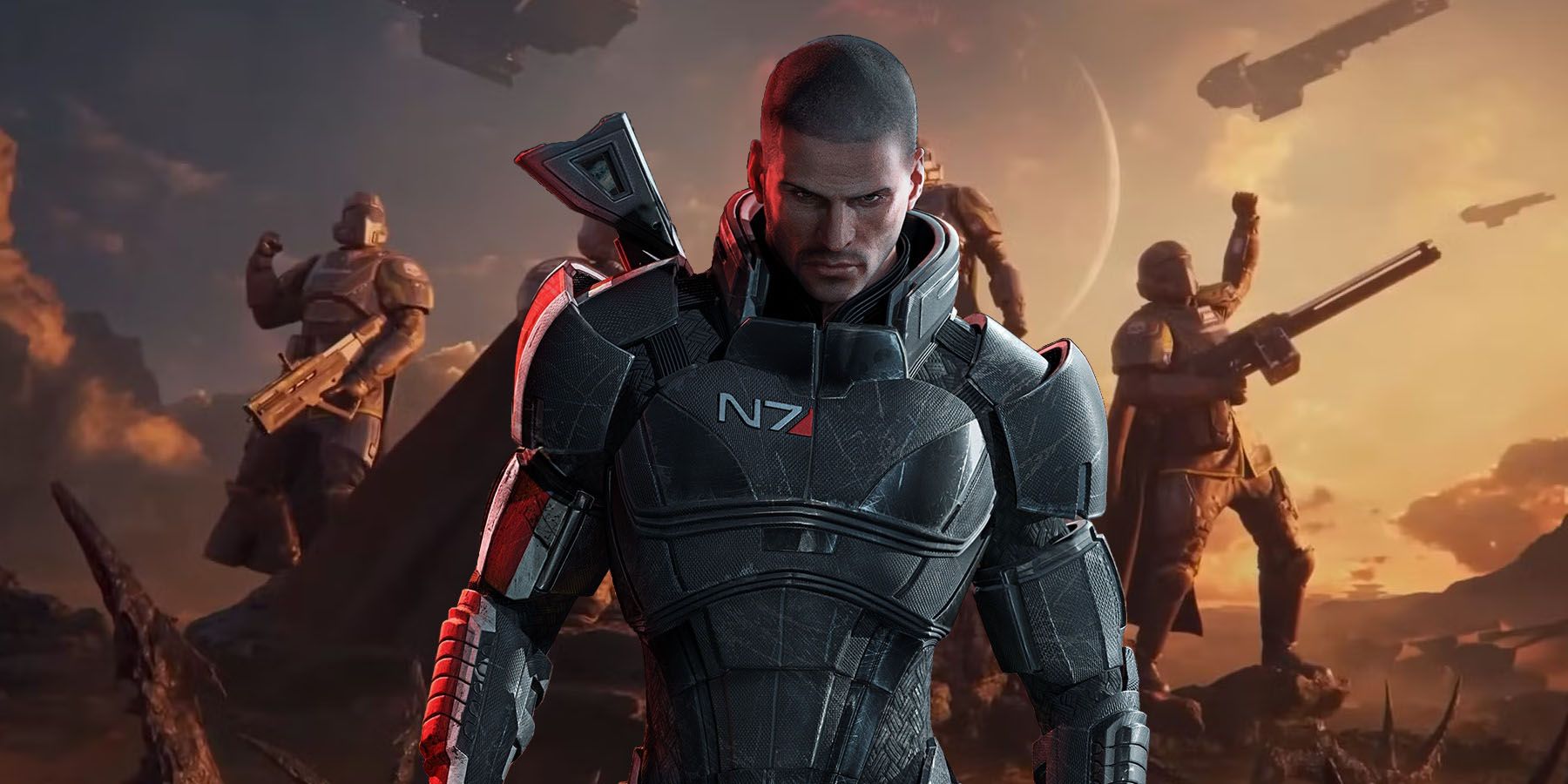 An image of Mass Effect's male Commander Shepard insterted into a screenshot from Helldivers 2.