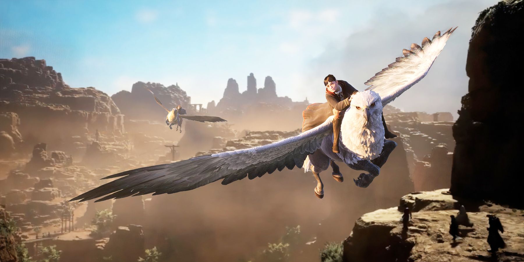 Hogwarts Legacy characters flying on mounts in front of Dragon's Dogma 2 landscape
