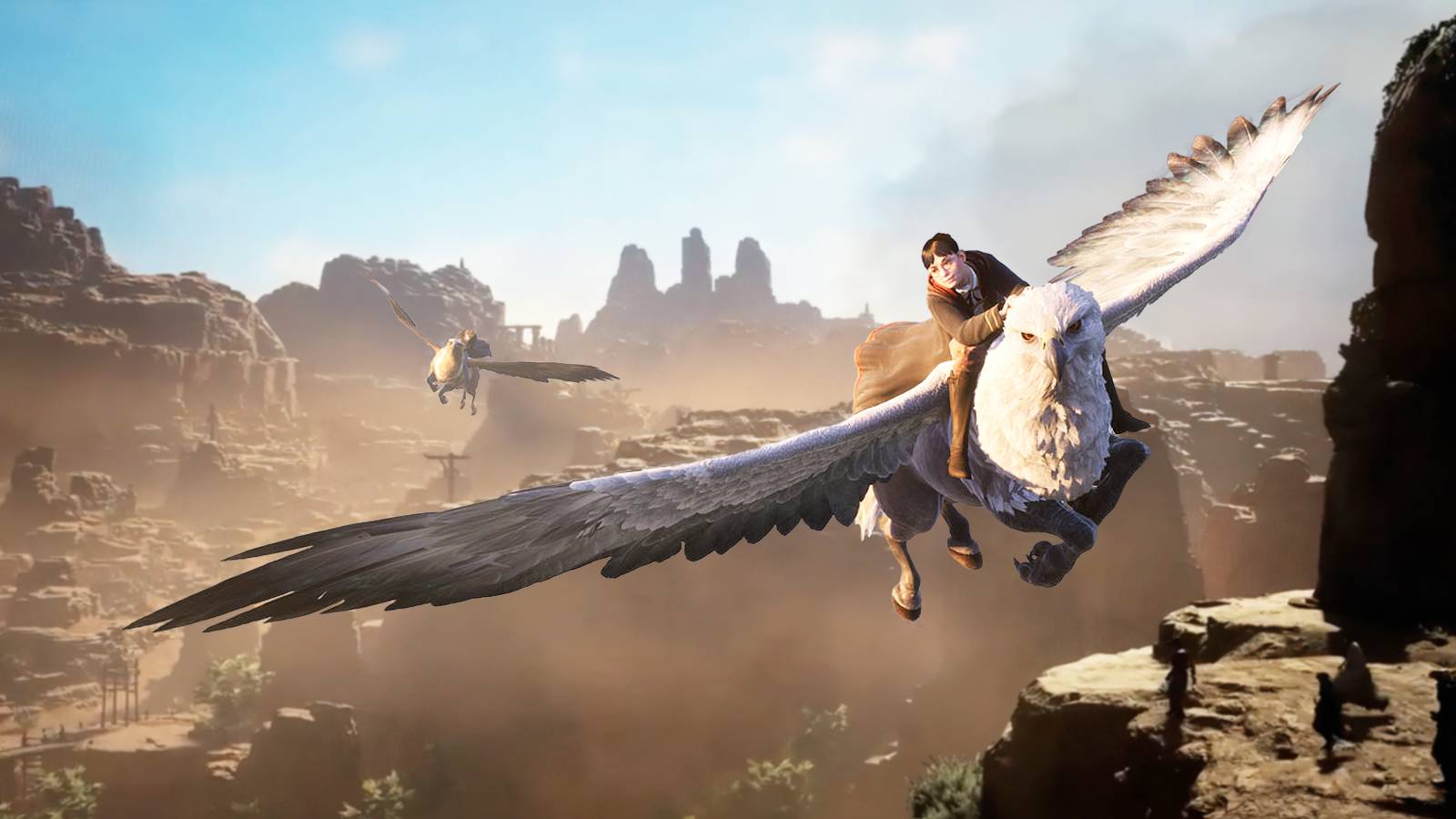 Hogwarts Legacy characters flying on mounts in front of Dragon's Dogma 2 landscape