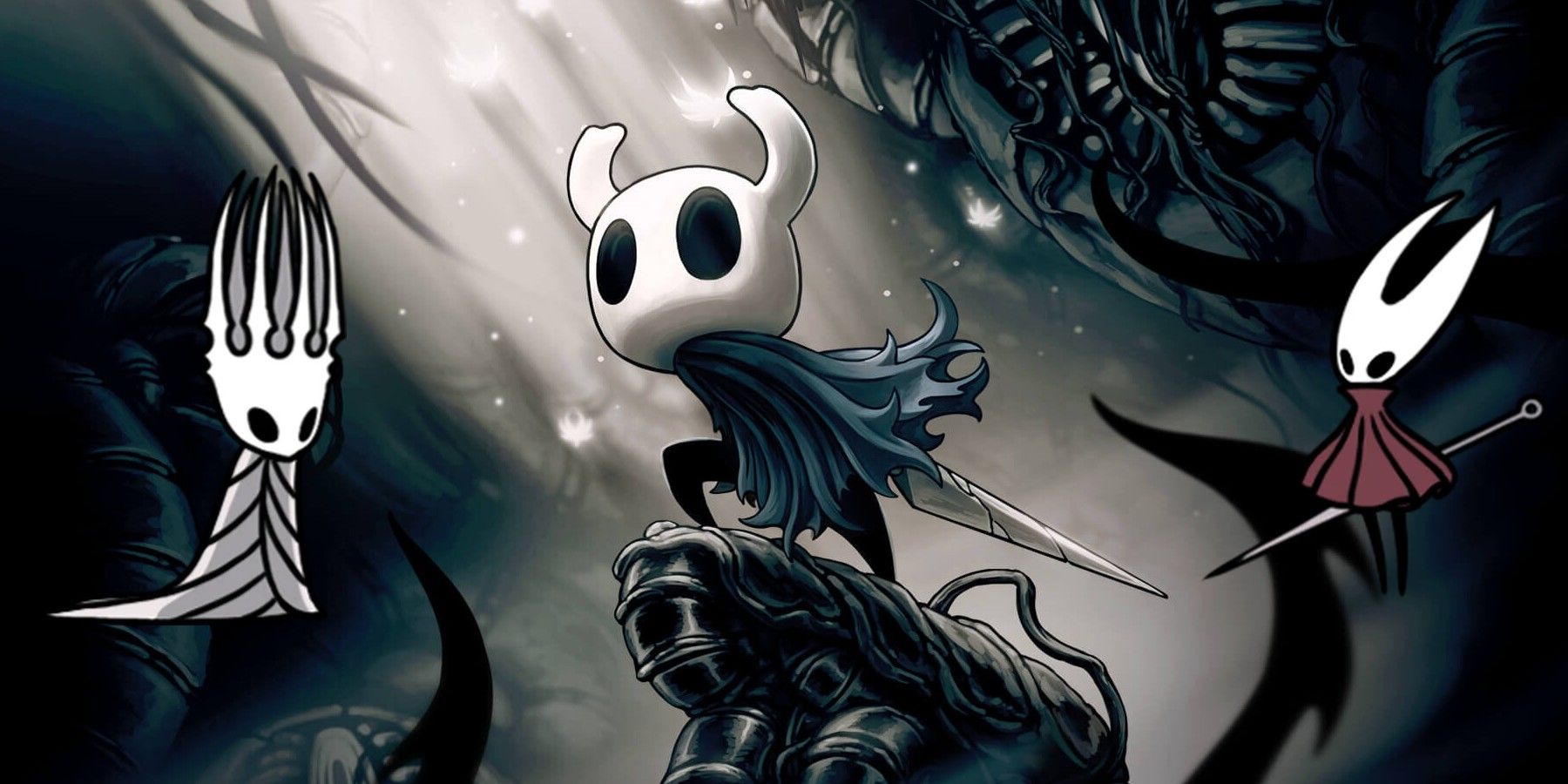 hollow knight key art with the pale king and hornet