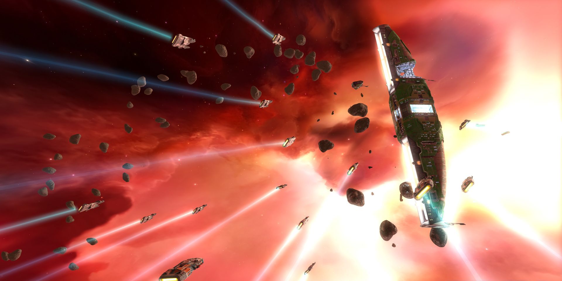 Small ships flying towards a large ship in Homeworld Remastered Collection