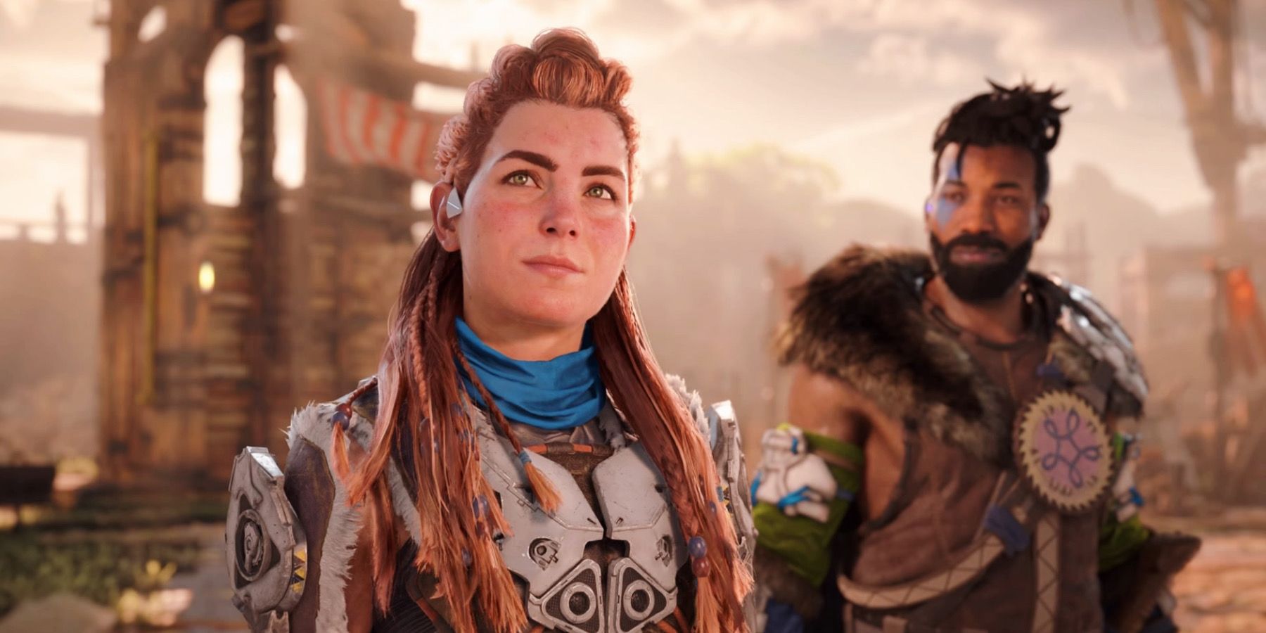 horizon forbidden west: aloy with varl in the background