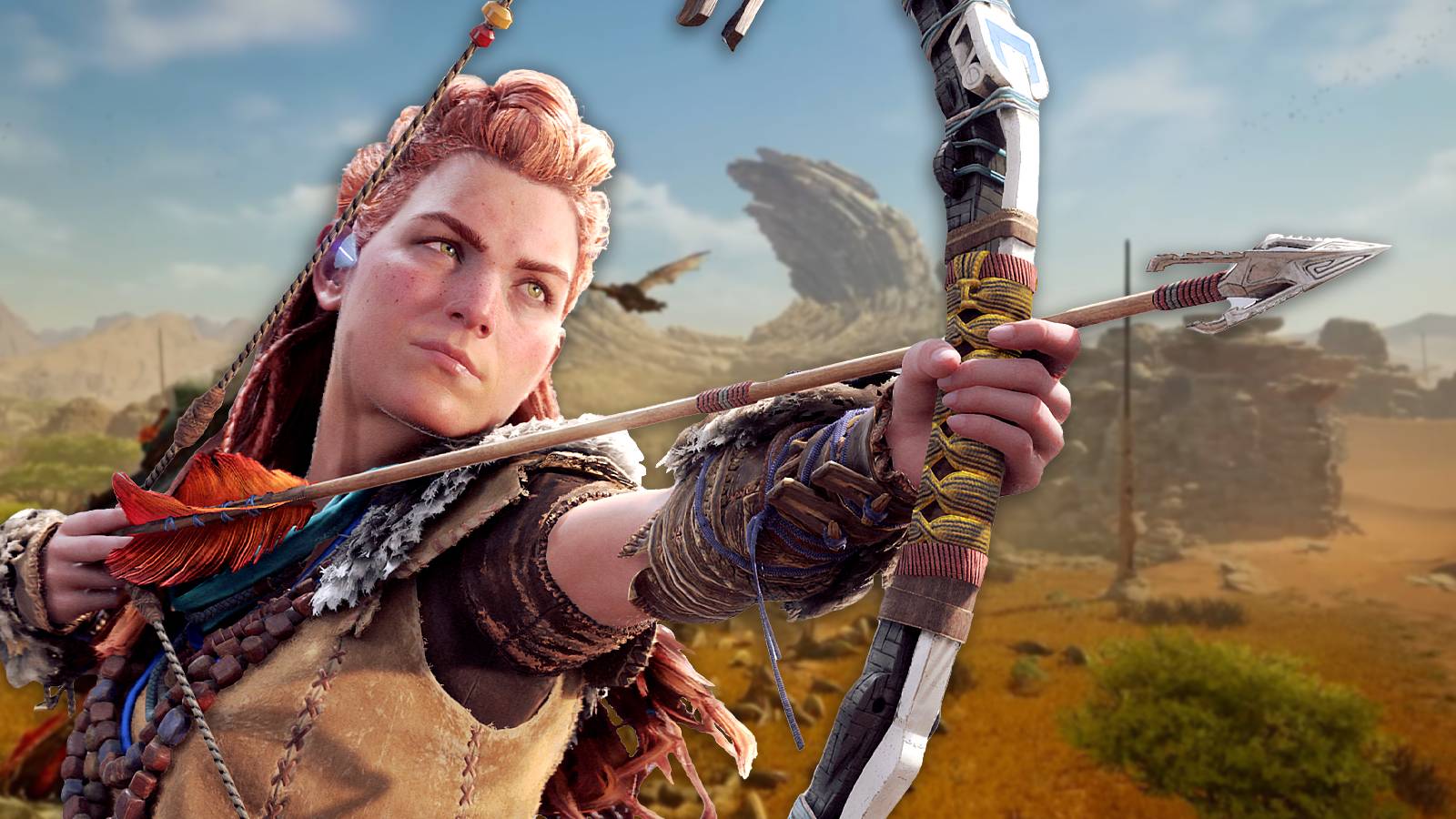 Horizon's Aloy in front of Monster Hunter Wilds background