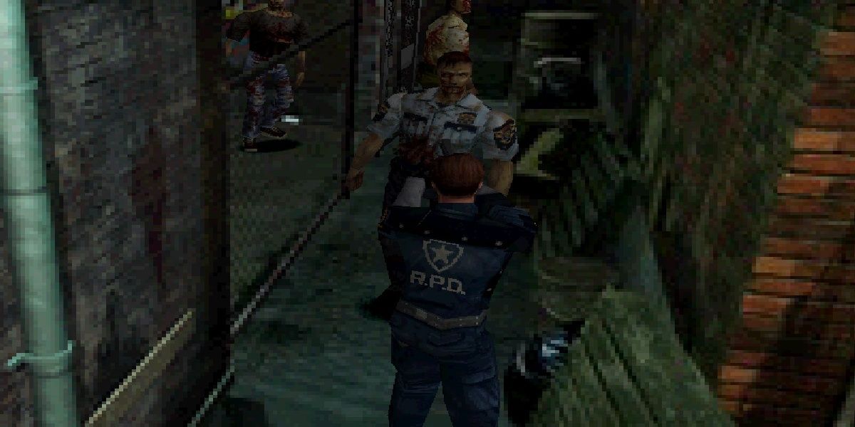 leon engaging with zombies in re2