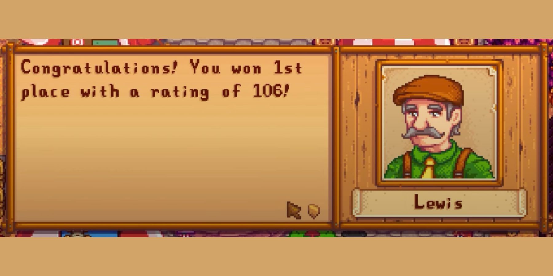 lewis declaring the player as the grange display contest winner in stardew valley.