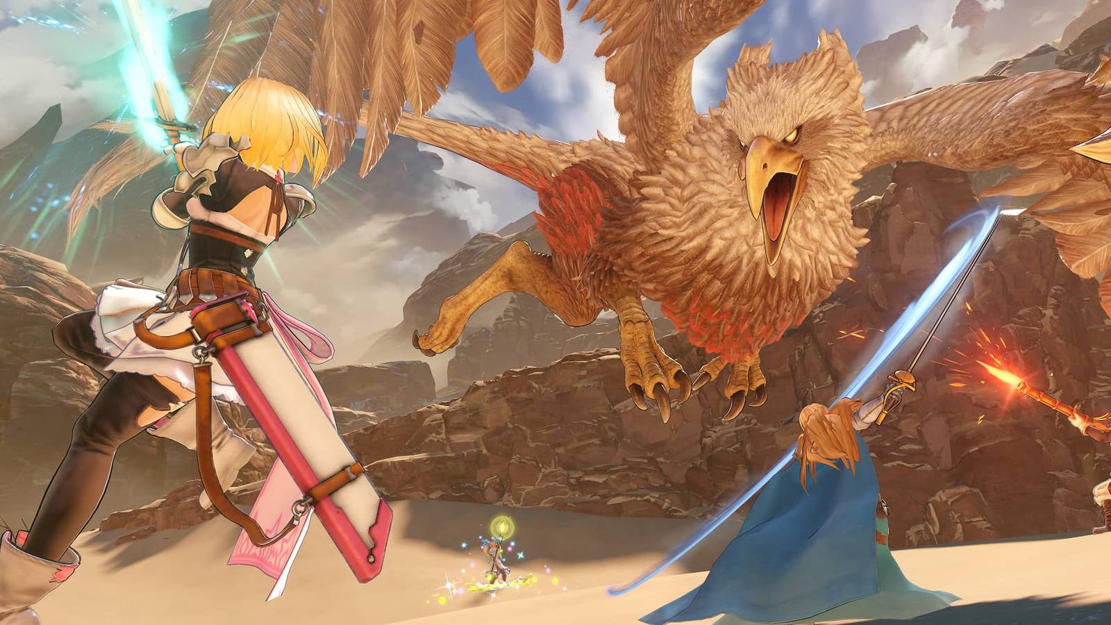 Djeeta and Katalina fighting a griffin in Granblue Fantasy: Relink