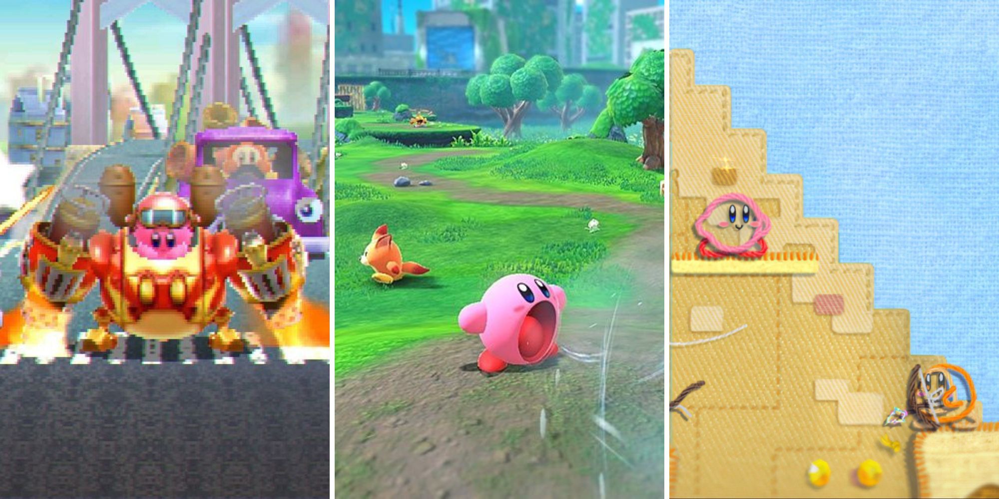 A grid of the Kirby games Kirby: Planet Robobot, Kirby and the Forgotten Land, and Kirby’s Epic Yarn
