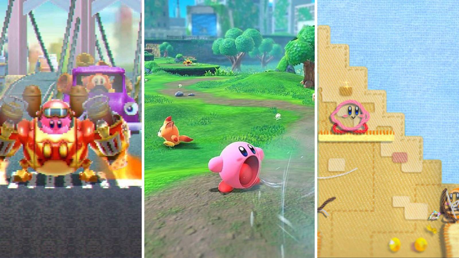A grid of the Kirby games Kirby: Planet Robobot, Kirby and the Forgotten Land, and Kirby’s Epic Yarn