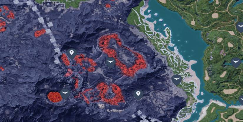 A screenshot of the center and eastern side of Mount Obsidian from Palworld