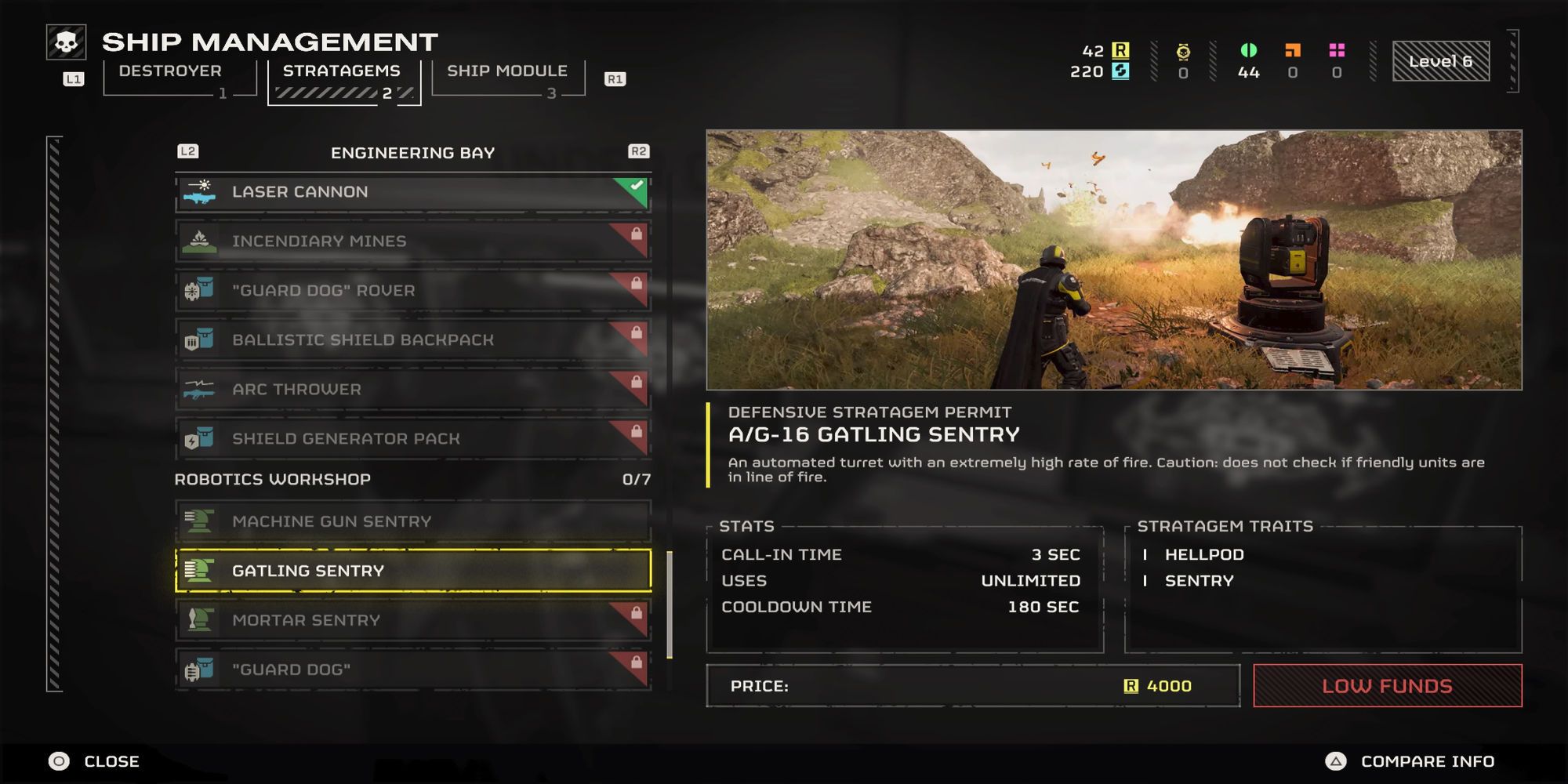 A picture of the menu for unlocking Stratagems showcasing the gatling sentry