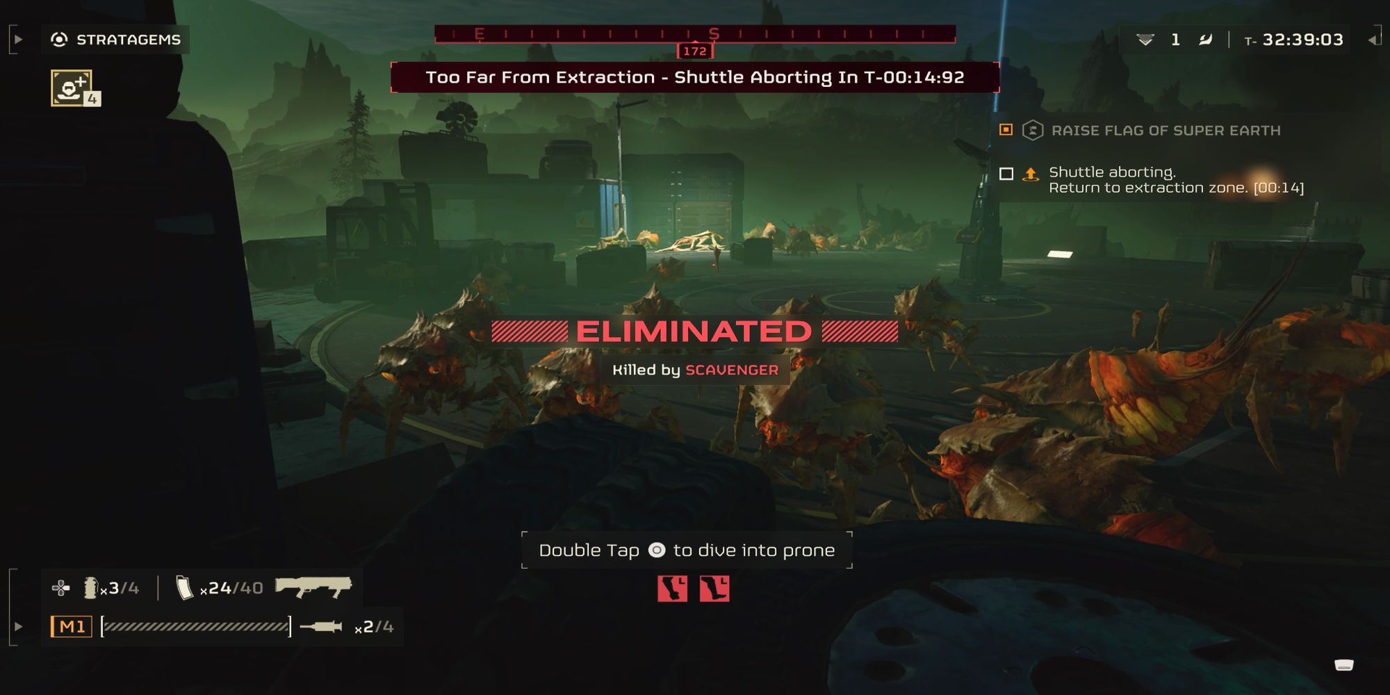 A screen showing the "Eliminated" message from Helldivers 2. Enemy bugs are swarming the area