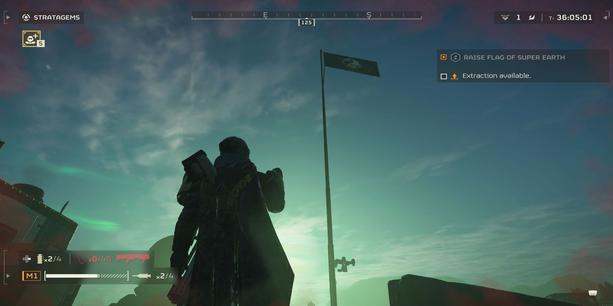 A helldiver salutes the flag of Super Earth in Helldivers 2