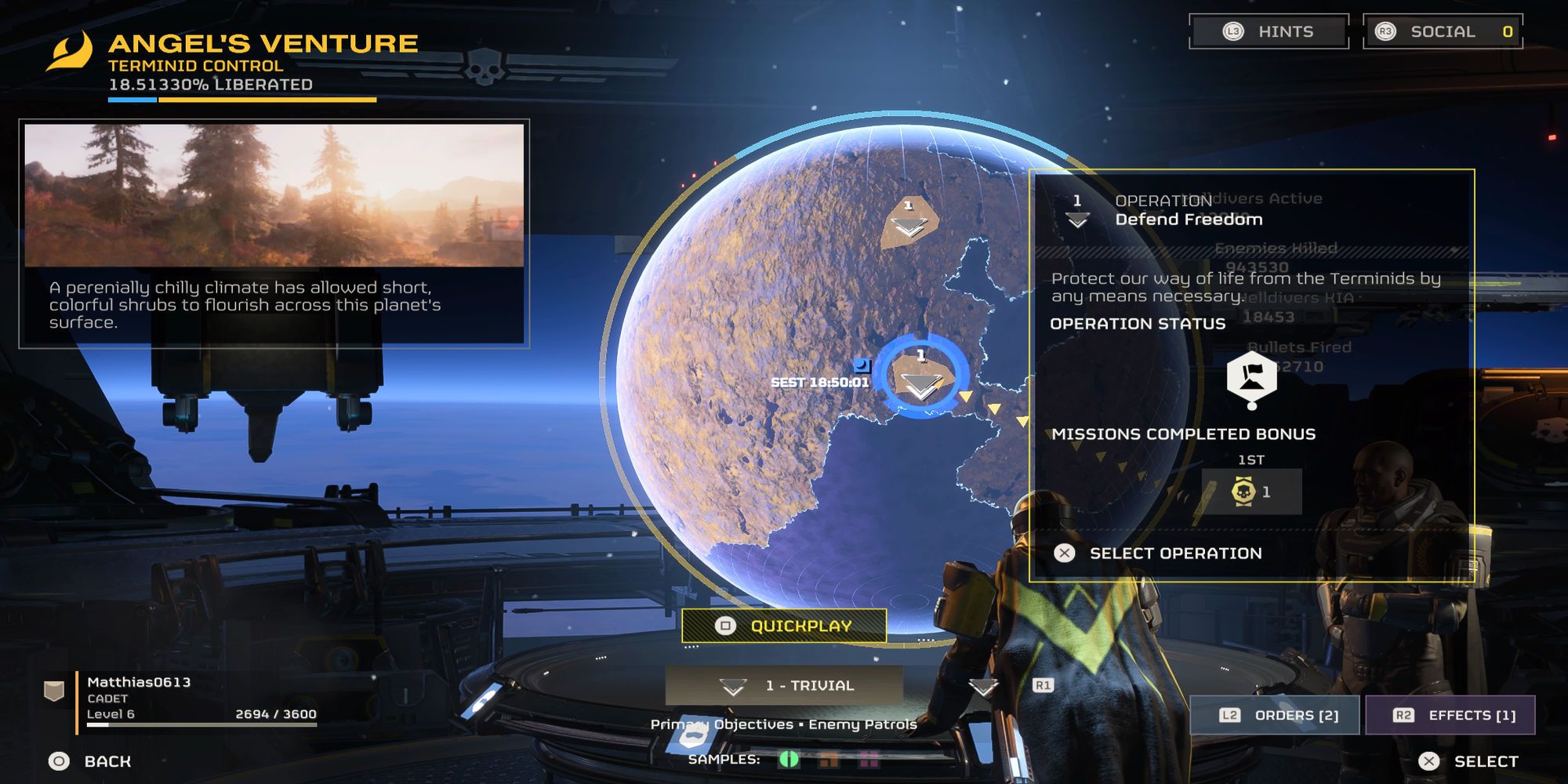 A player selects a Level 1 (Trivial) mission