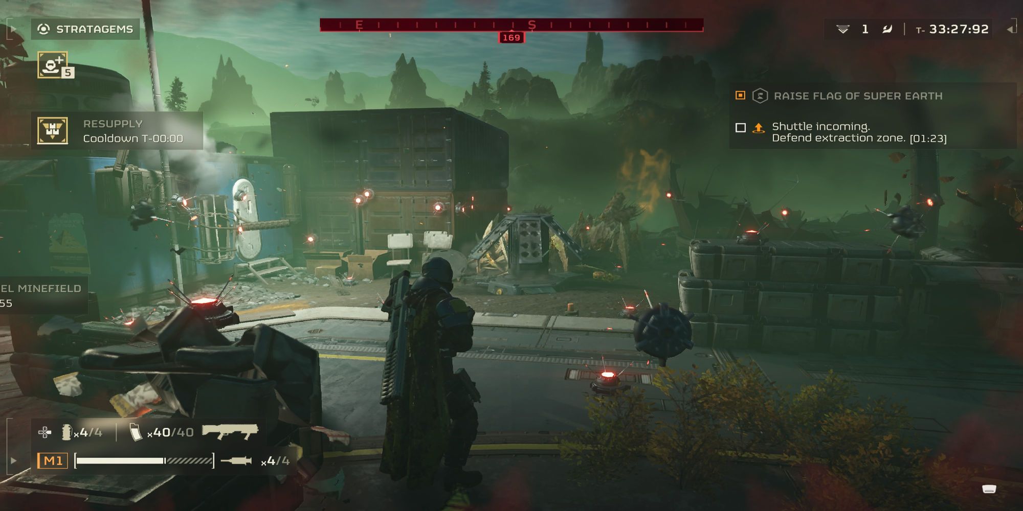 A player stands in front of a deployed mine field in Helldivers 2