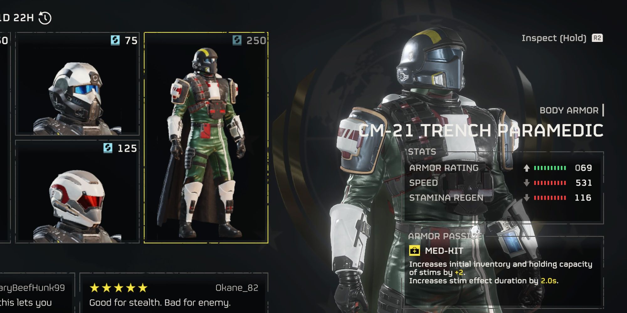 The stats for the Trench Paramedic Light Armor in Helldivers 2